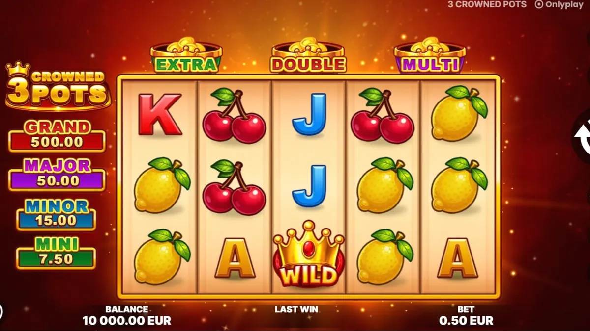 Tampilan visual slot 3 Crowned Pots dengan simbol buah dan pot emas